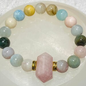 Double Terminated Rose Quartz Stretchy Bracelet with 10mm Mixed Round Beads, Yoga Jewelry