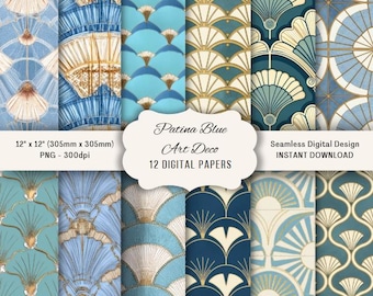 Patrón floral Art Déco: Motivo azul patinado de los años 20 (Descarga digital)