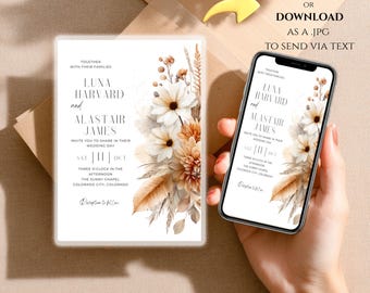 May include: Wedding invitation featuring the names Luna Harvard and Alastair James, with floral accents in white and tan. The invitation is displayed on a white background and on a smartphone. Text includes date, time, and location.