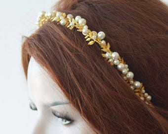 Gold Pearl Bridal Headpiece Tiara For Wedding, Bridal Hair Accessories