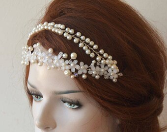 Pearl Wedding Headband, Ivory Floral Headpiece, Wedding Hairpiece, Bridal Pearl Double Tiara, Wedding Hair Accessories, Bridal Hairband