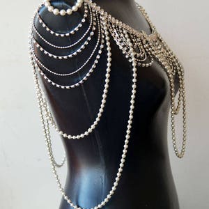 Silver Shoulder Necklace,  Pearl Bridal Shoulder Jewelry, Wedding Shoulder Jewelry, Bridal Shoulder Necklace