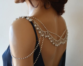 Wedding Shoulder Jewelry,  Rhinestone Shoulder Necklace,  Silver  Shoulder Piece, Bridal Jewelry Accessories, Body Jewelry for Wedding Dress