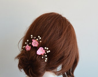 Pink Flower Hair Pin For Wedding, Pearl Bridal Hair Accessories, Bridesmaid Hair, Hair Clip Set