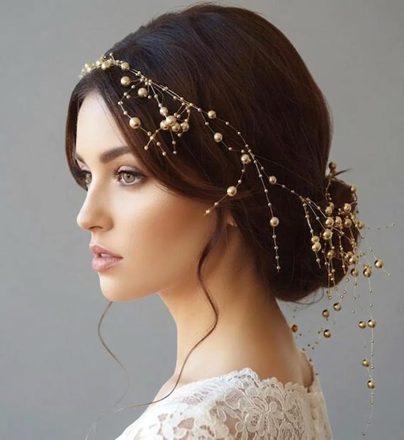 Gold Pearl Wedding Hair Vine: Bridal Halo Accessory