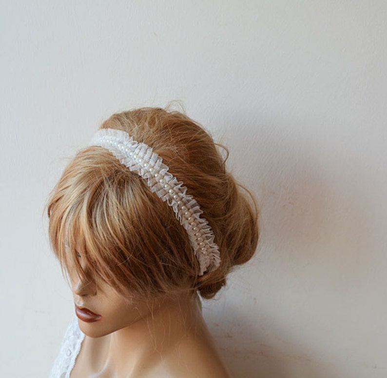 Bridesmaid Headband, Ivory Lace and Pearl Headpiece, Prom Hair Accessories, Pearl Wedding Hair Piece, Bridal Hair Vine, Halo Hair Band image 2