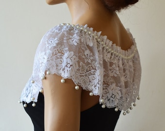 Lace Shoulder Necklace, Pearl Wedding Shoulder Jewelry,  White  Adjustable Bridal Shoulder Cape, Wedding Dress Shoulder, Jewelry Accessories