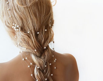 Wedding Pearl Long Hair Chain With Comb, Bridal Hair Accessories