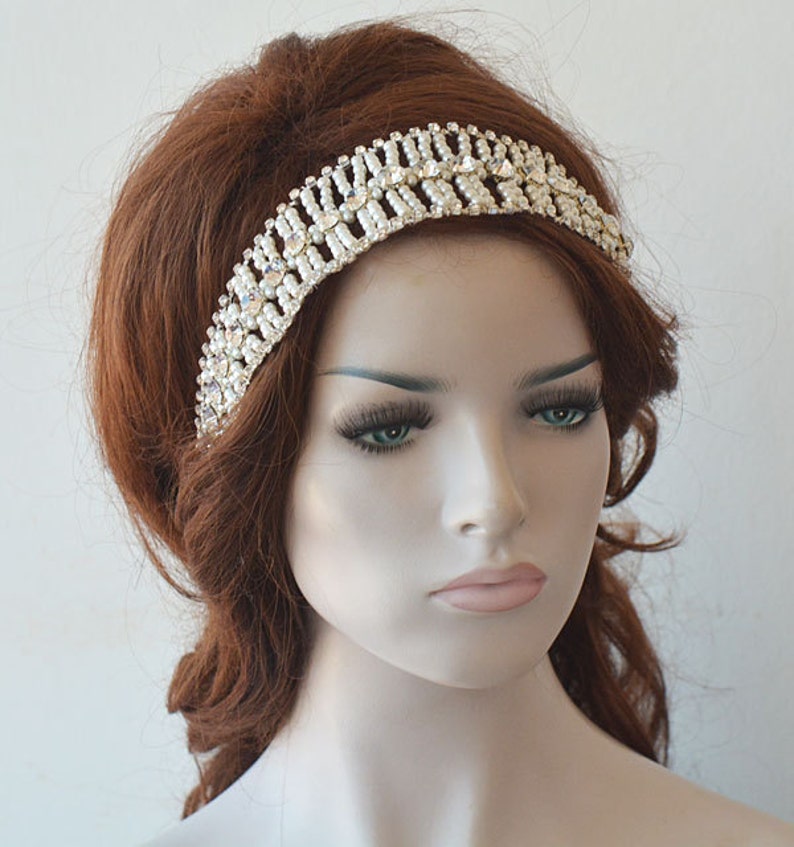 Crystal and Pearl Hair Piece Vine Headband Pearl Headpiece Bridal Forehead Band Bridal Pearl Headband Wedding Hair Accessories