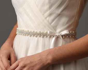 Crystal Pearl Bridal Sash Belt - Silver Wedding Dress Belt  display picture 1