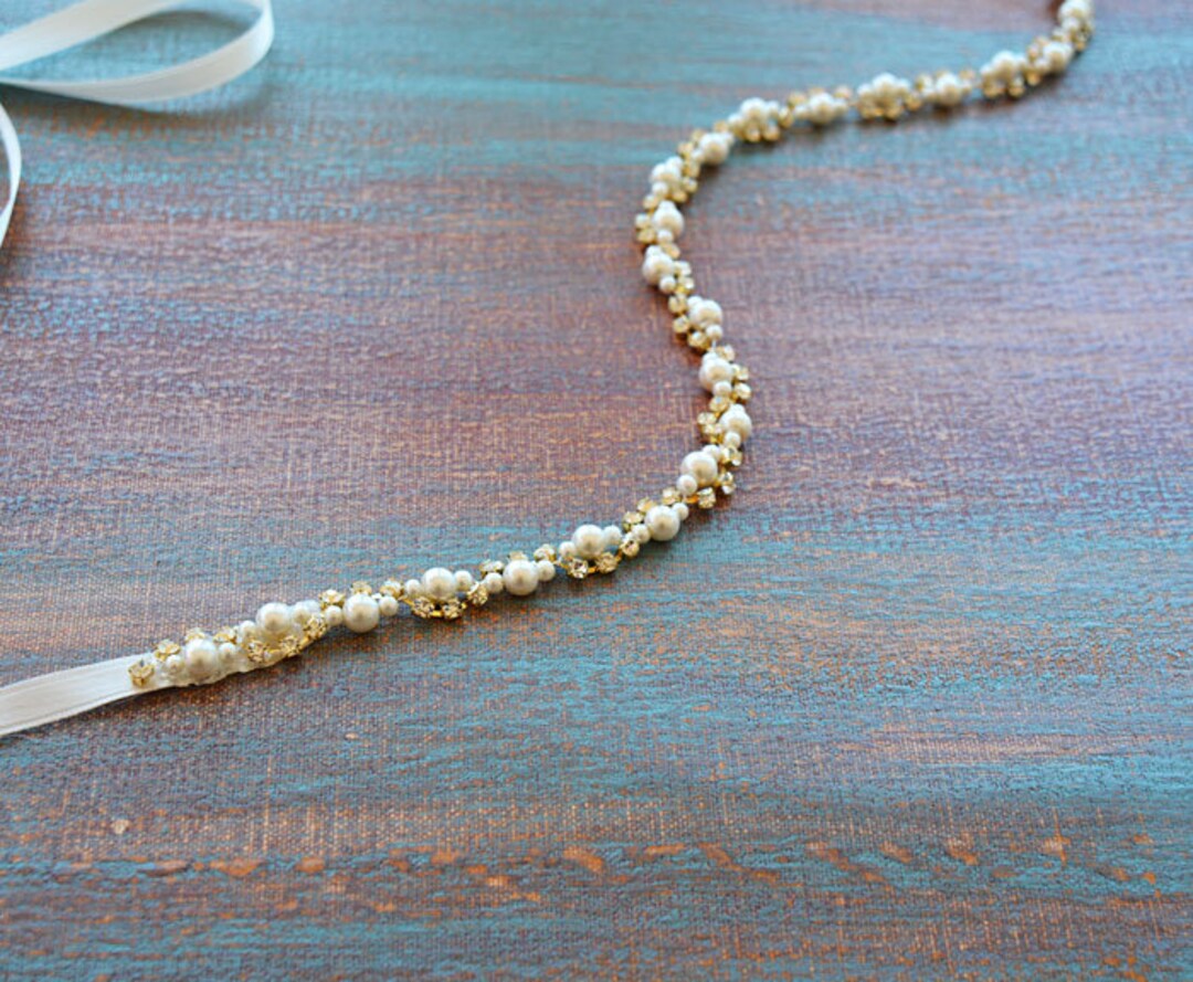 Vintage Braided Beige Belt with Pearls & gold clasp – Boho waist accessory, Wedding Slash