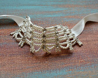 Rhinestone and Pearl Wedding Cuff Bracelet, Handmade Elegant Bridal Jewelry Accessory