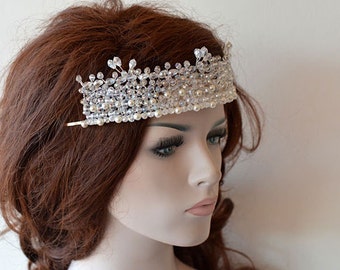 Pearl and Crystal Tiara Headpiece For Wedding, Crystal Beads Bridal Crown Hair Piece