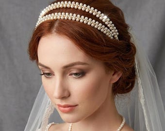 Wedding Pearl Double Row Hair Tiara, Bridal Hair Crown For Bride