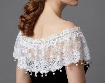 Handmade Pearl Lace Wedding Shoulder Necklace: Bridal Cape Jewelry