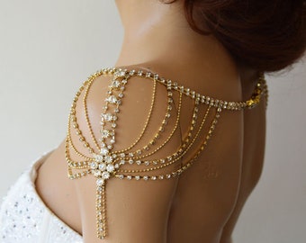 Shoulder Necklace for Bride, Wedding Gold Shoulder Jewelry, Bridal Rhinestone Shoulder, Crystal Bridal Body Jewelry, Wedding Accessories