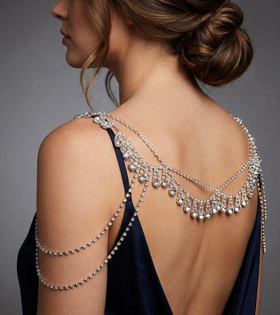gold jewelry with silver dress Rhinestone Wedding Shoulder Necklace: Elegant Bridal what jewelry to wear with silver dress