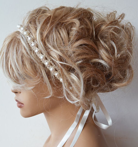 Bridal Pearl Headband Lace Ivory Pearl Wedding Head Piece Etsy