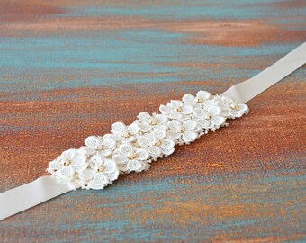 Wedding Dress Belt, Beige Flower Sash Belt, Flower girl Sash Belt, Flower Belt Sash, Bridal Belt, Wedding Sash Belt, Ivory sash, flower Belt