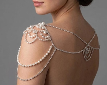 Rhinestone and Pearl Wedding Shoulder Jewelry For Bride, Elegant Bridal Shoulder Accessory