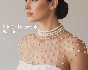 Convertible Pearl Bridal Shoulder Necklace – Detachable Double Strand Pearl  2-in-1 Wedding Jewelry