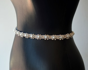 Pearl and Rhinestone Wedding Dress Belt Bridal, Elegant Thin Bridal Sash