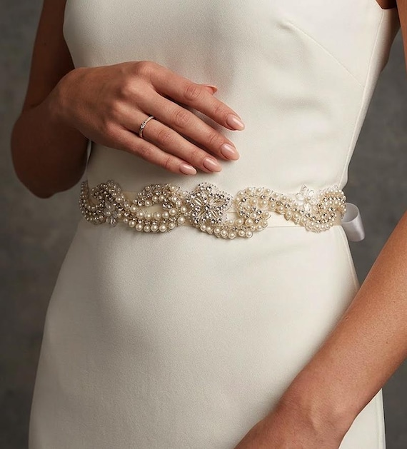 bridesmaid dress belt accessories Silver Pearl & Crystal Bridal Belt 'Jordan'  Elegant Wedding Dress Sash