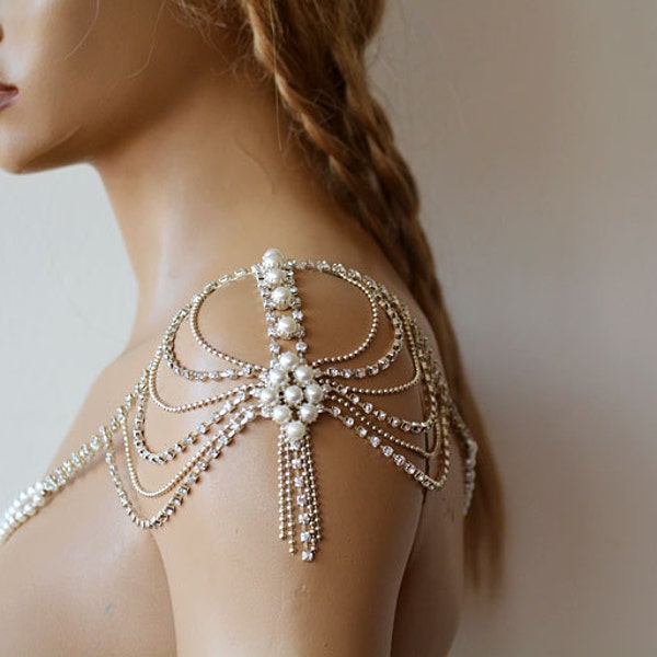 Shoulder Necklace For Wedding Dress, Pearl Shoulder Jewelry For Bride, Rhinestone And Body Accessory For Wedding, Crystal Bridal Jewelry