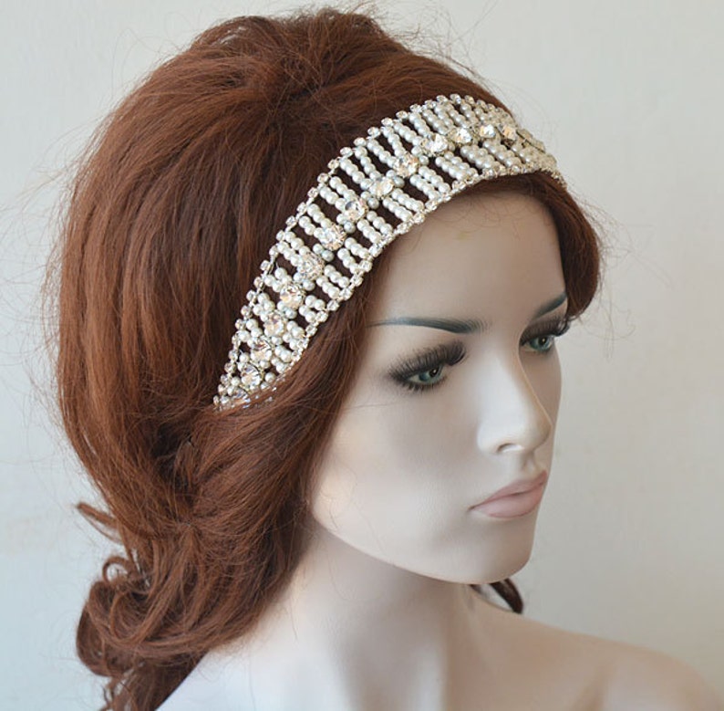 Crystal and Pearl Hair Piece Vine Headband Pearl Headpiece Bridal Forehead Band Bridal Pearl Headband Wedding Hair Accessories