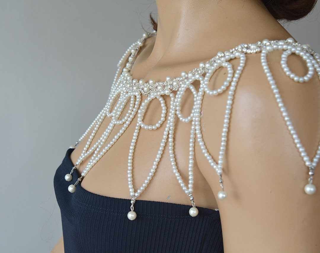 Pearl & Rhinestone Bridal Shoulder Necklace, Elegant Wedding