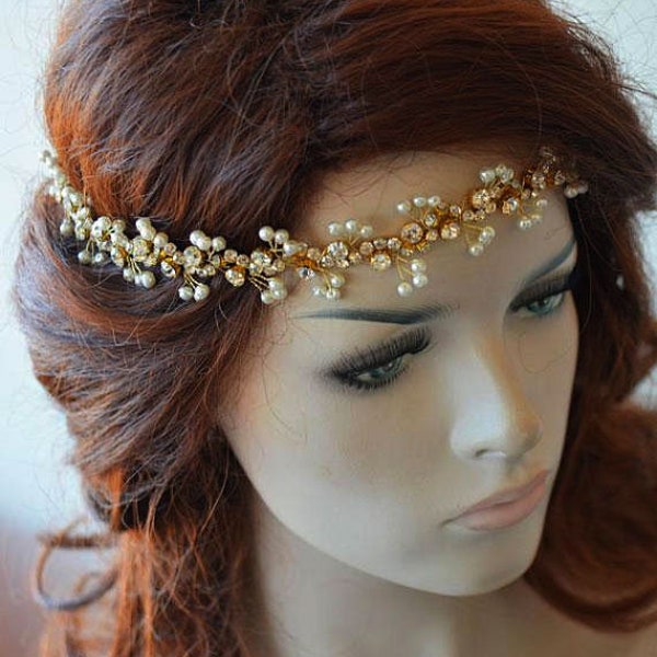 Wedding Pearl Headpiece, Gold Rhinestone Bridal Headband, Bridal Crystal Hair Vine Halo, Simple Forehead Band, Hair Accessories  For Bride