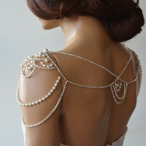 Shoulder Necklace, Rhinestone and Pearls, Wedding Shoulder Jewelry For Bride, Bridal Crystal Shoulder Necklace, Bridal Body Accessories