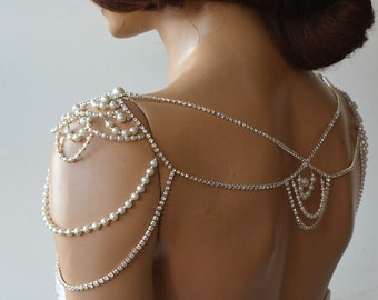 Shoulder Necklace, Rhinestone and Pearls, Wedding Shoulder Jewelry For Bride, Bridal Crystal Shoulder Necklace, Bridal Body Accessories