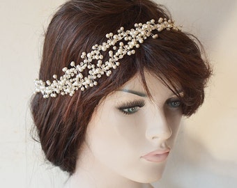 Wedding Pearl Hairpiece, Crystal Bridal headpiece, Wedding Headband, Rhinestone and Pearl Bridal Headband, Bridal Halo Hair Vine, for Bride