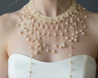 Statement Pearl Fringe Bridal Necklace –Wedding Jewelry, Unique Pearl Choker, Bride Accessory