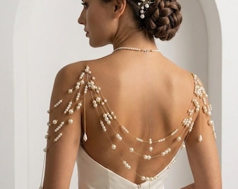 Modern Bridal Pearl Shoulder Necklace, Back Drop Wedding Jewelry