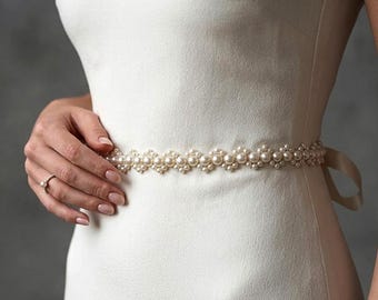 Handmade Pearl Bridal Sash Belt: Satin Ribbon Wedding Dress Accessory
