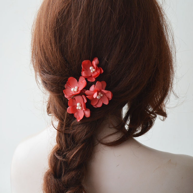 Coral Flower Hair Clip Fabric Handmade Flower Hair Pins Etsy