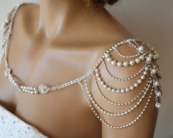 Wedding Shoulder Necklace, Pearl Shoulder Jewelry For Bridal, Crystal Wedding Dress Shoulder Necklace, Body Accessory For Wedding Dress