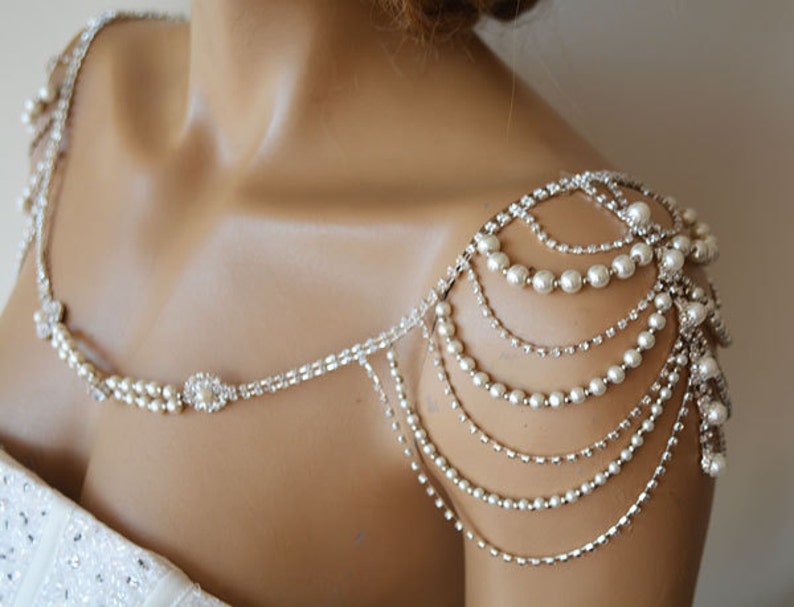 Wedding Shoulder Necklace, Pearl Shoulder Jewelry For Bridal, Crystal Wedding Dress Shoulder Necklace, Body Accessory For Wedding Dress image 1