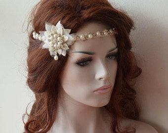 Wedding Pearl Headpiece, Wedding Hair Accessories, Pearl Bridal Forehead Band, 1920s Wedding, Head Piece for Bride, Accessories Bride