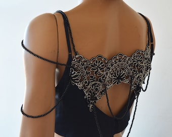 Pearl Shoulder Necklace, Black Lace Shoulder Jewelry, Gothic Shoulder Piece, Body Jewelry, Prom Accessories, Detachable Jewelry