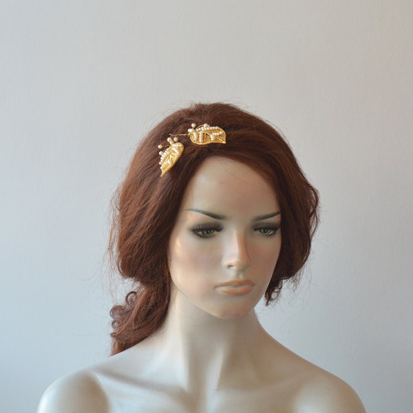 Gold Leaf and Pearl Wedding Hair Pin, Hair Accessories For Wedding, Bridesmaid Gift