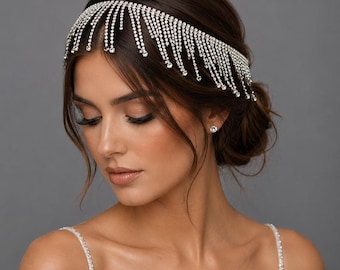 Tocado nupcial de cristal, diadema con flecos de diamantes de imitación, joyería para el cabello de boda, cadena para el cabello estilo Gatsby brillante