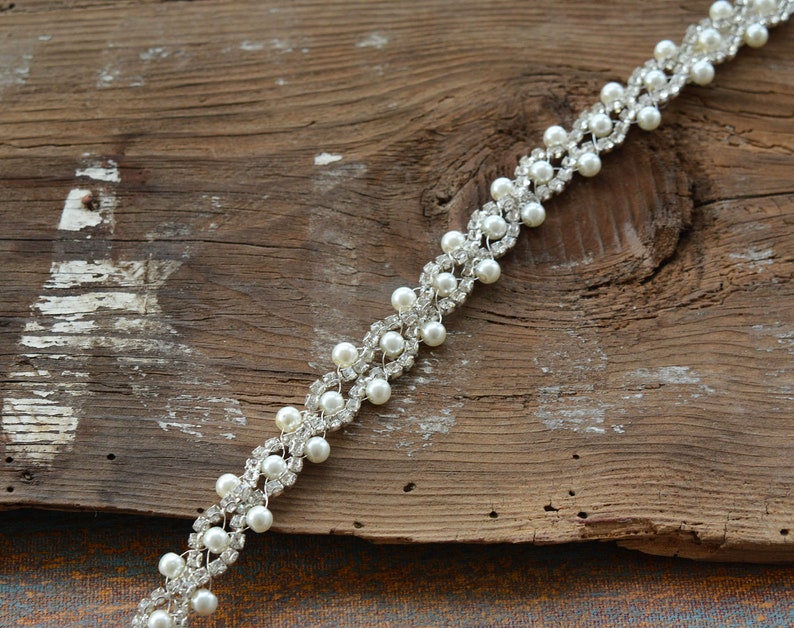 Handmade Pearl Belt for Wedding Dress, Pearl and Rhinestone Vintage Style Bridal Thin Bridal Belt, Wedding Accessories image 4