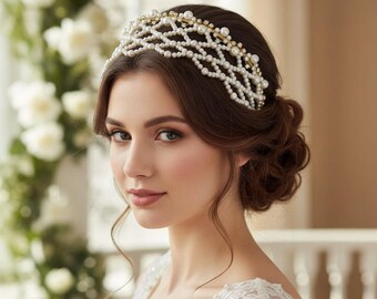 Vintage Wedding Veil 1980s Floral Flower Round Crown Pearl  display picture 1