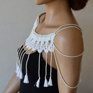 Wedding Shoulder Necklace, Vintage Lace Shoulder Jewelry, Bridal Ivory Pearl Wedding Dress Shoulder, Bridal Body Jewelry, Vintage Lace