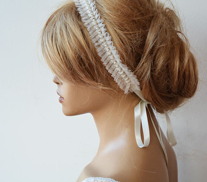 Bridesmaid Headband, Ivory Lace and Pearl Headpiece, Prom Hair Accessories, Pearl Wedding Hair Piece, Bridal Hair Vine, Halo Hair Band image 5