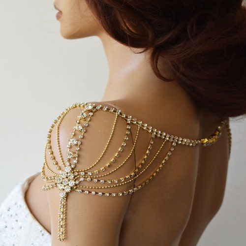 Shoulder Necklace for Bride, Wedding Gold Shoulder Jewelry, Bridal Rhinestone Shoulder, Crystal shops Bridal Body Jewelry, Wedding Accessories
