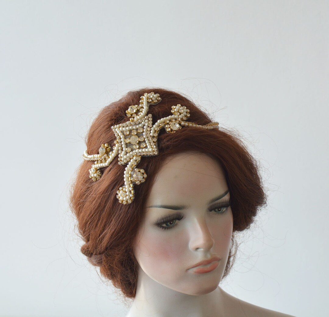 Gold Pearl Bridal Headpiece, Wedding Embroidery Hair Piece, Unique